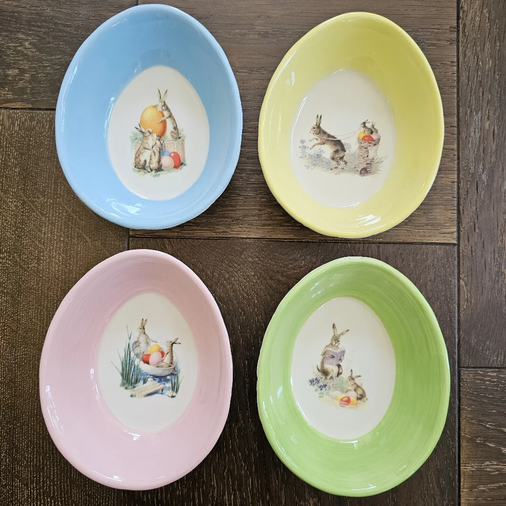 Williams Sonoma Easter Bunny Egg Shaped Plates Ramekins bowls set of 8